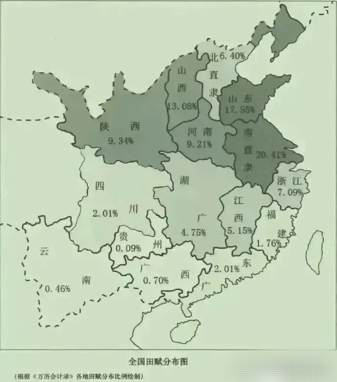 图一:从这张明朝赋税地图可以看出, 当年安徽江苏陕西山西的实力真的