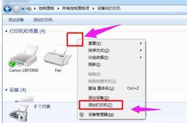 4,在"打印机和传真"窗口的空白处,鼠标右键点击,选择"添加打印机.