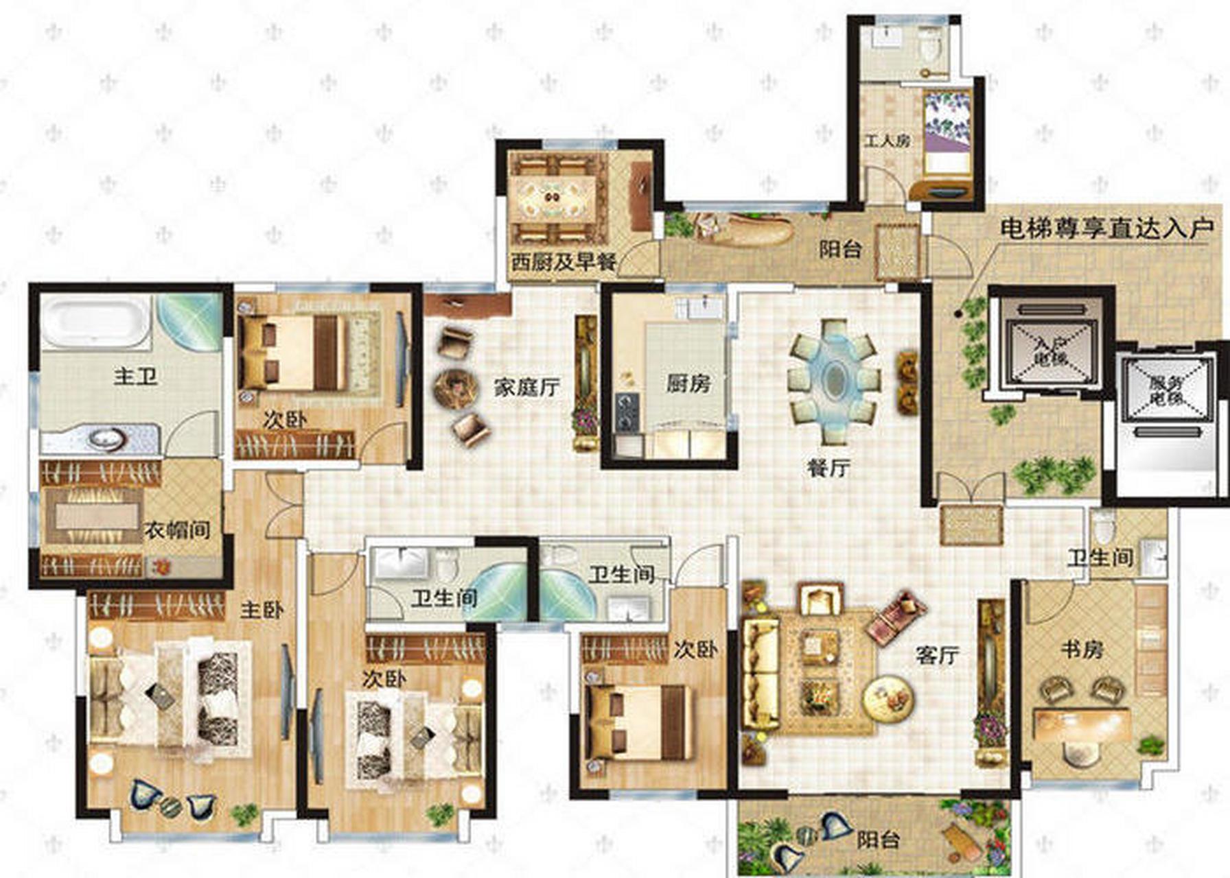 万万想不到,竟然真的存在理想主义的大平层户型,南向的卧室全部自带