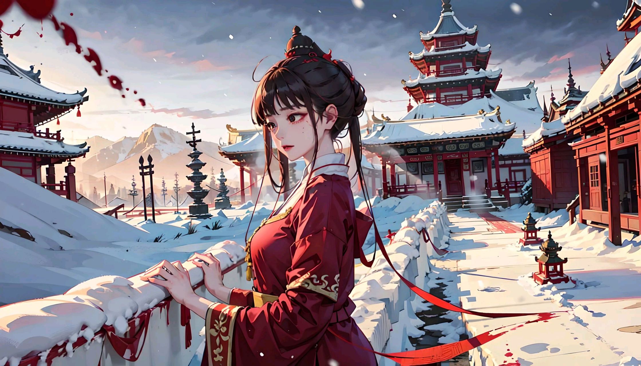 红衣女孩儿与洁白雪景#二次元美图