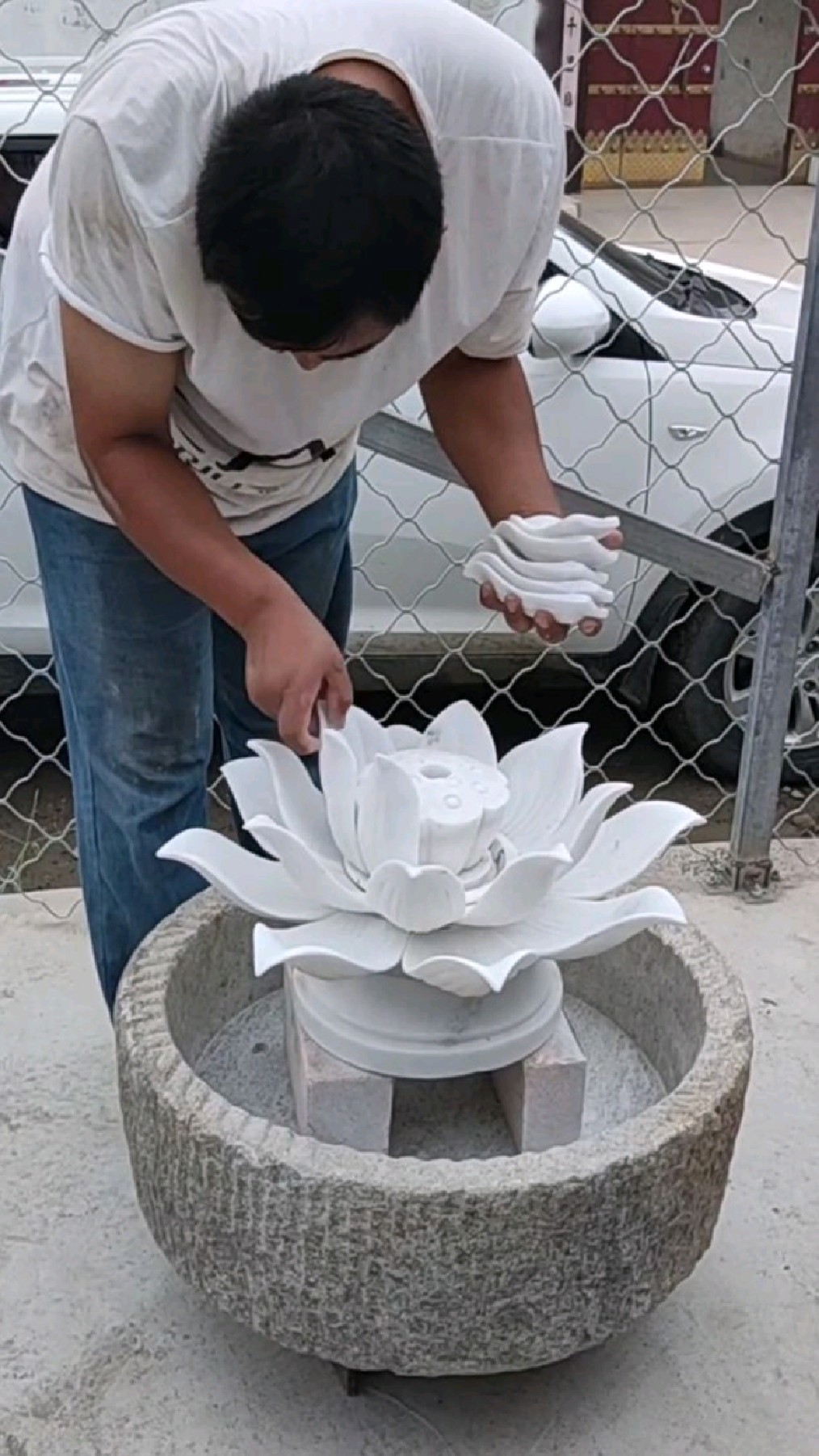 汉白玉莲花喷泉,石雕荷花流水摆件-度小视