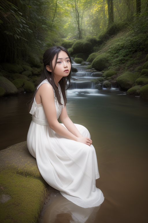 山下小溪白衣少女轻歌曼舞