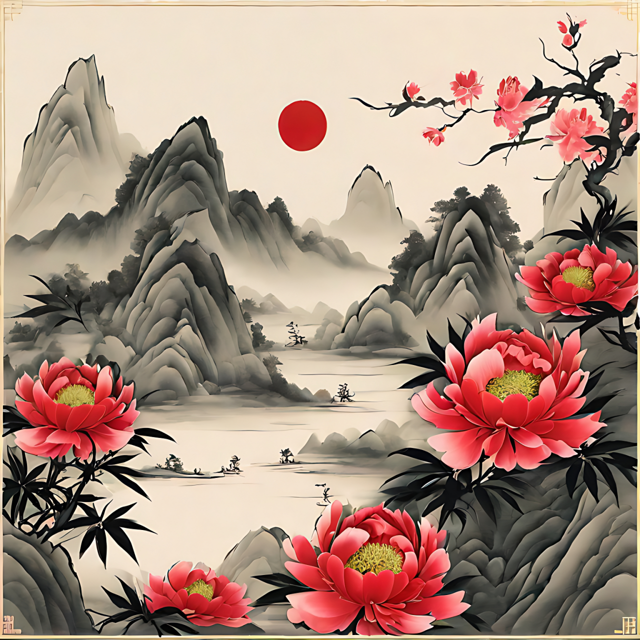 百看不厌的牡丹山水图!#中国山水画