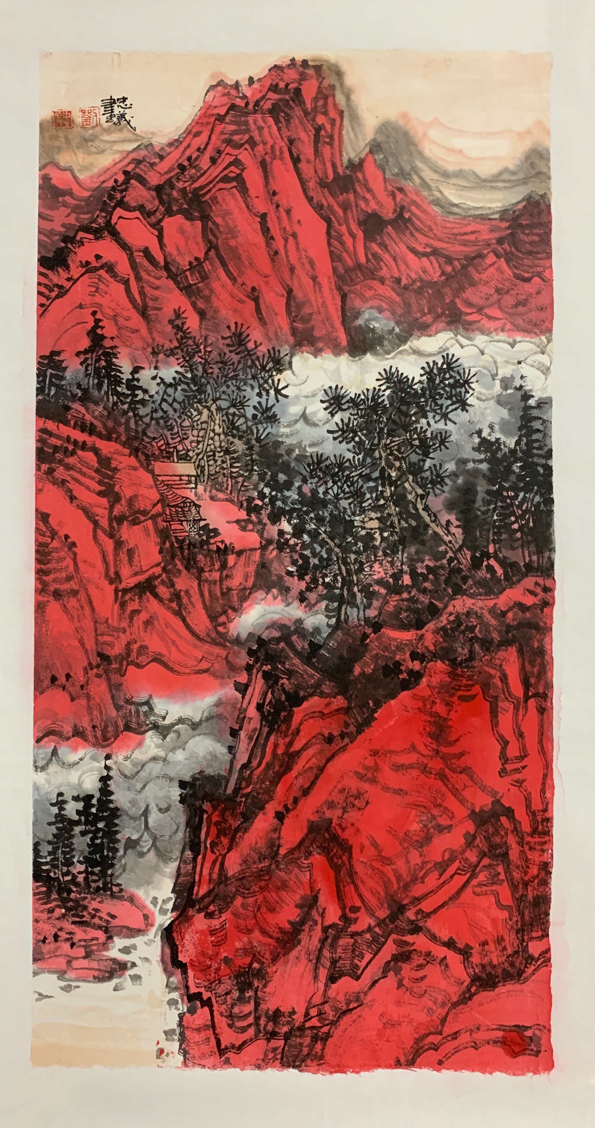 红色题材国画作品山水图片