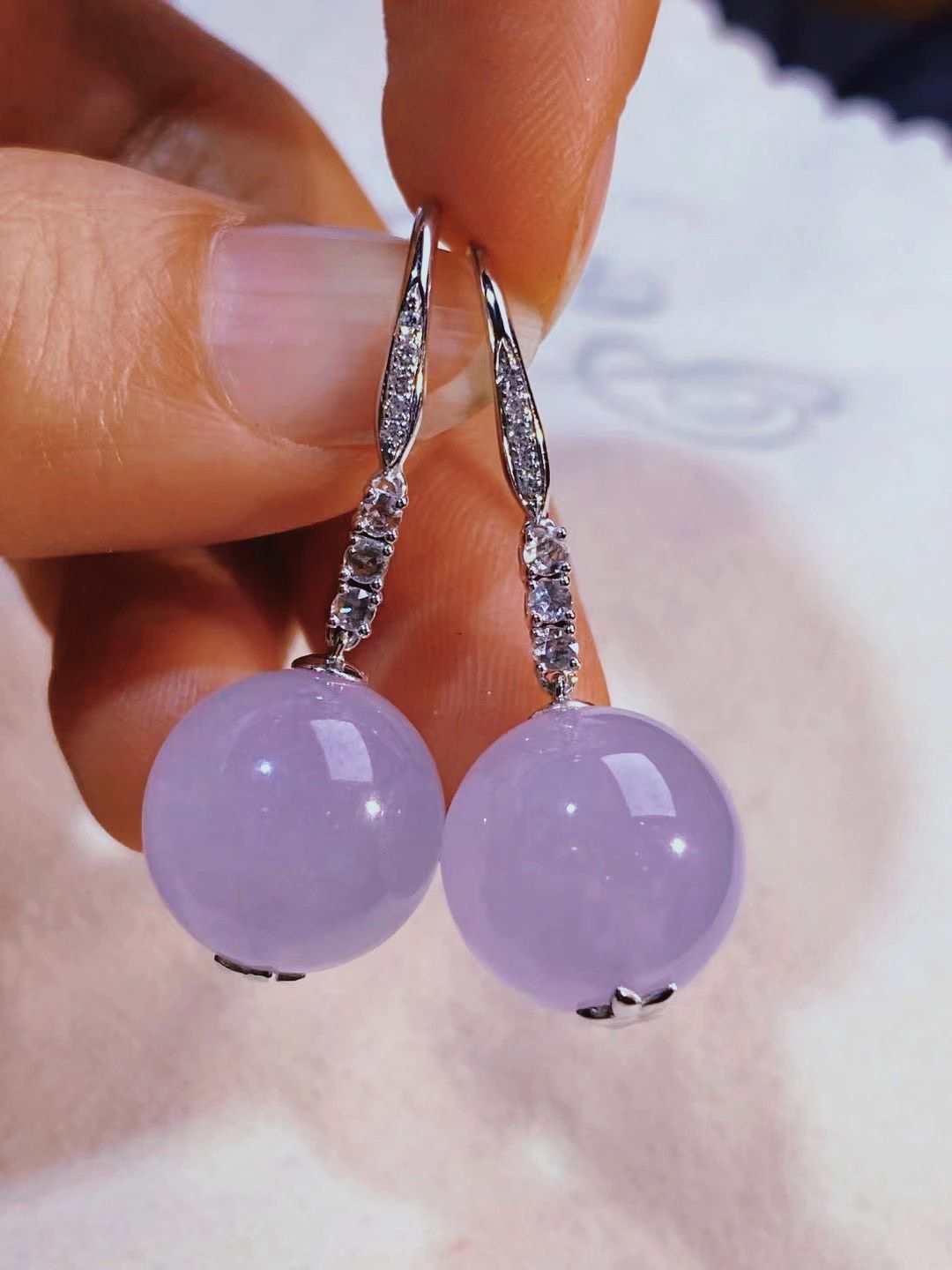 冰种翡翠紫罗兰珠子耳环,直径138,上耳效果漂亮