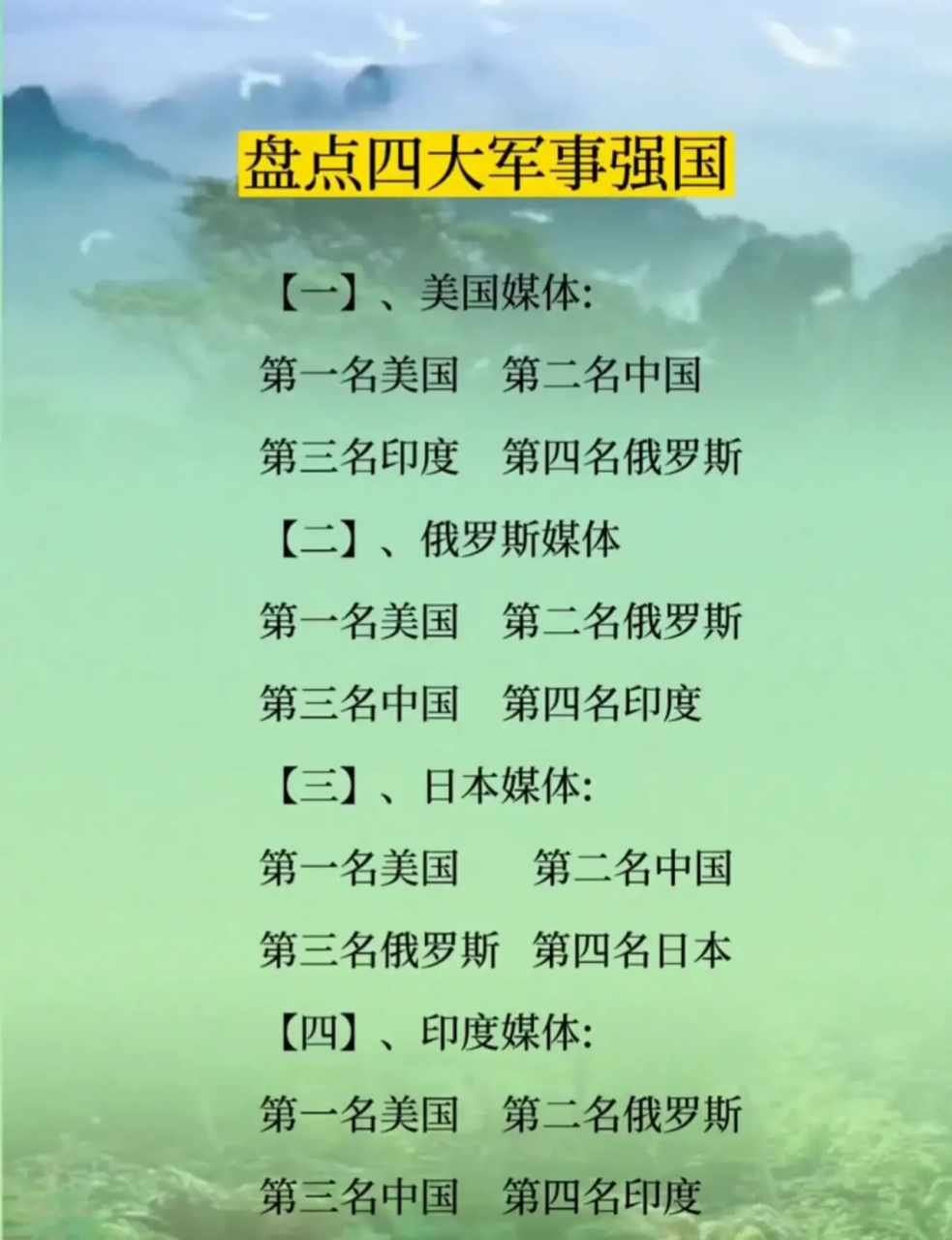 世界四大军事强国!不同的国家不同的排名!