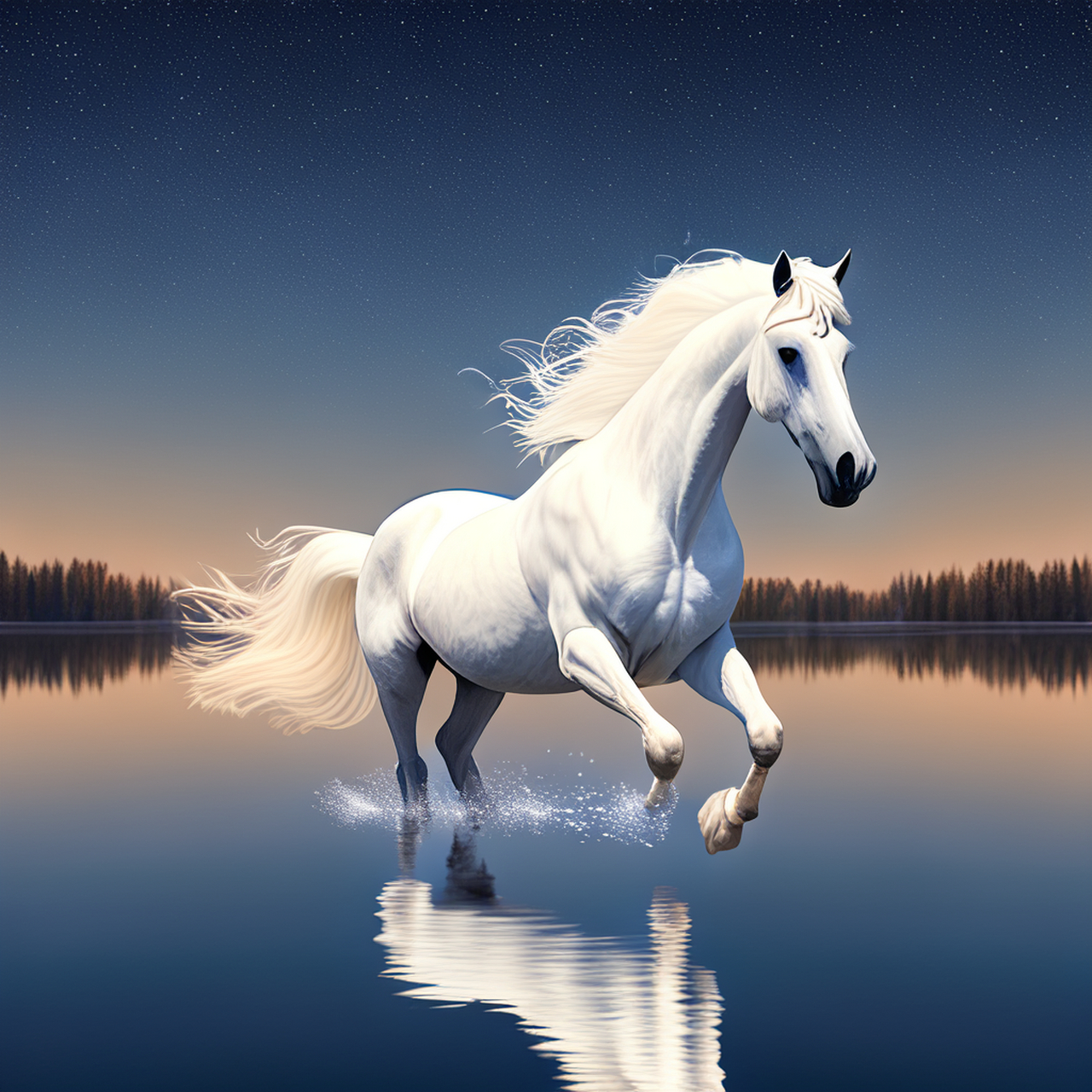 一匹白马在水平如镜的湖面上停留或奔跑,营造出一种超现实风格的意境