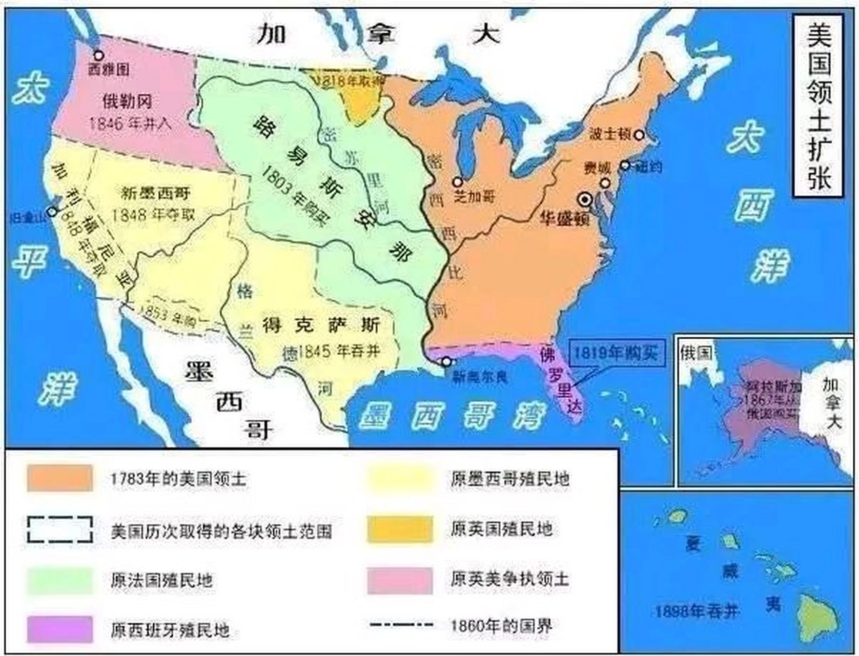 美国领土最开始只有大西洋西岸13个州,面积为80万.