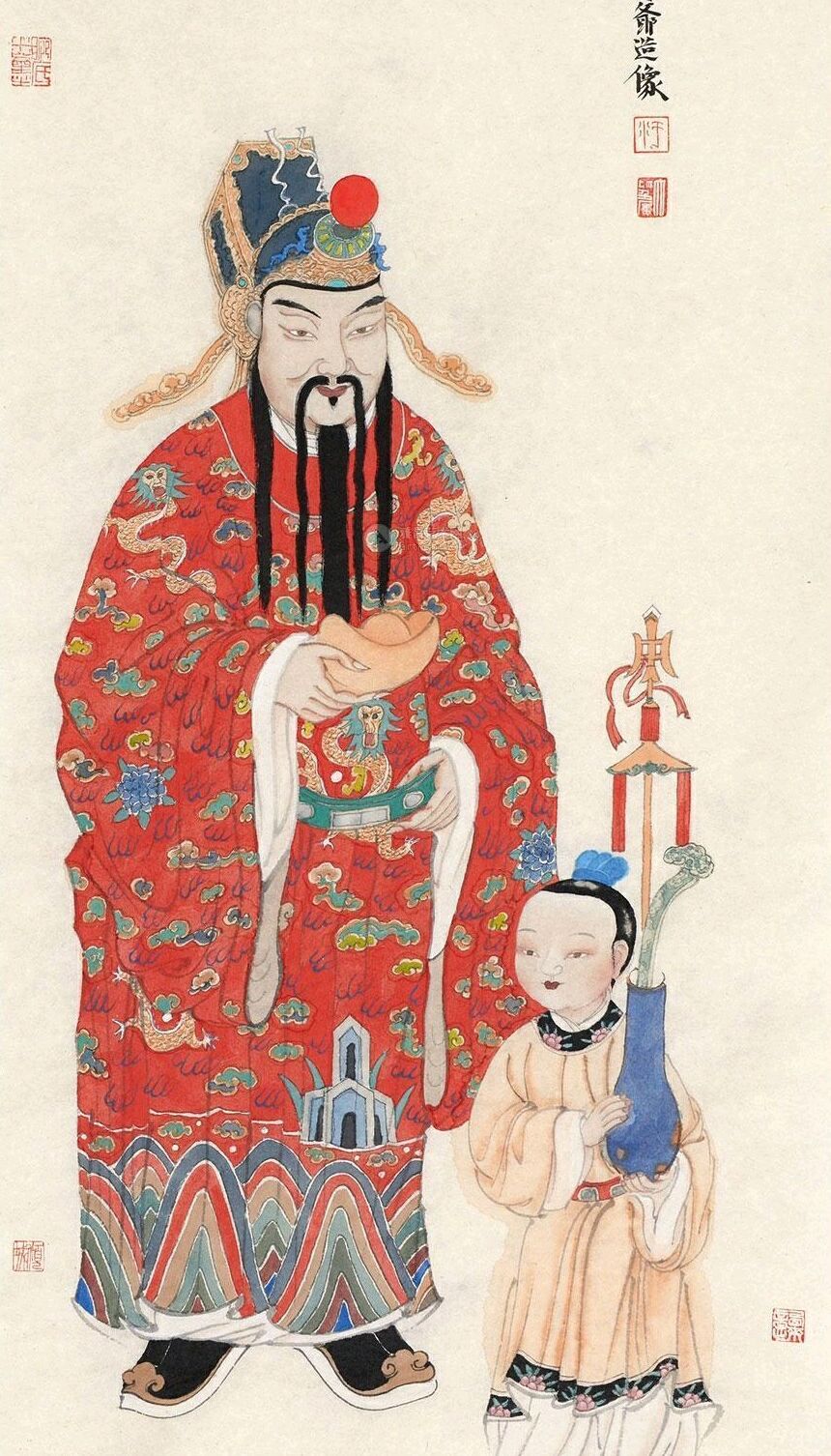 财神爷画像图,左如意右元宝