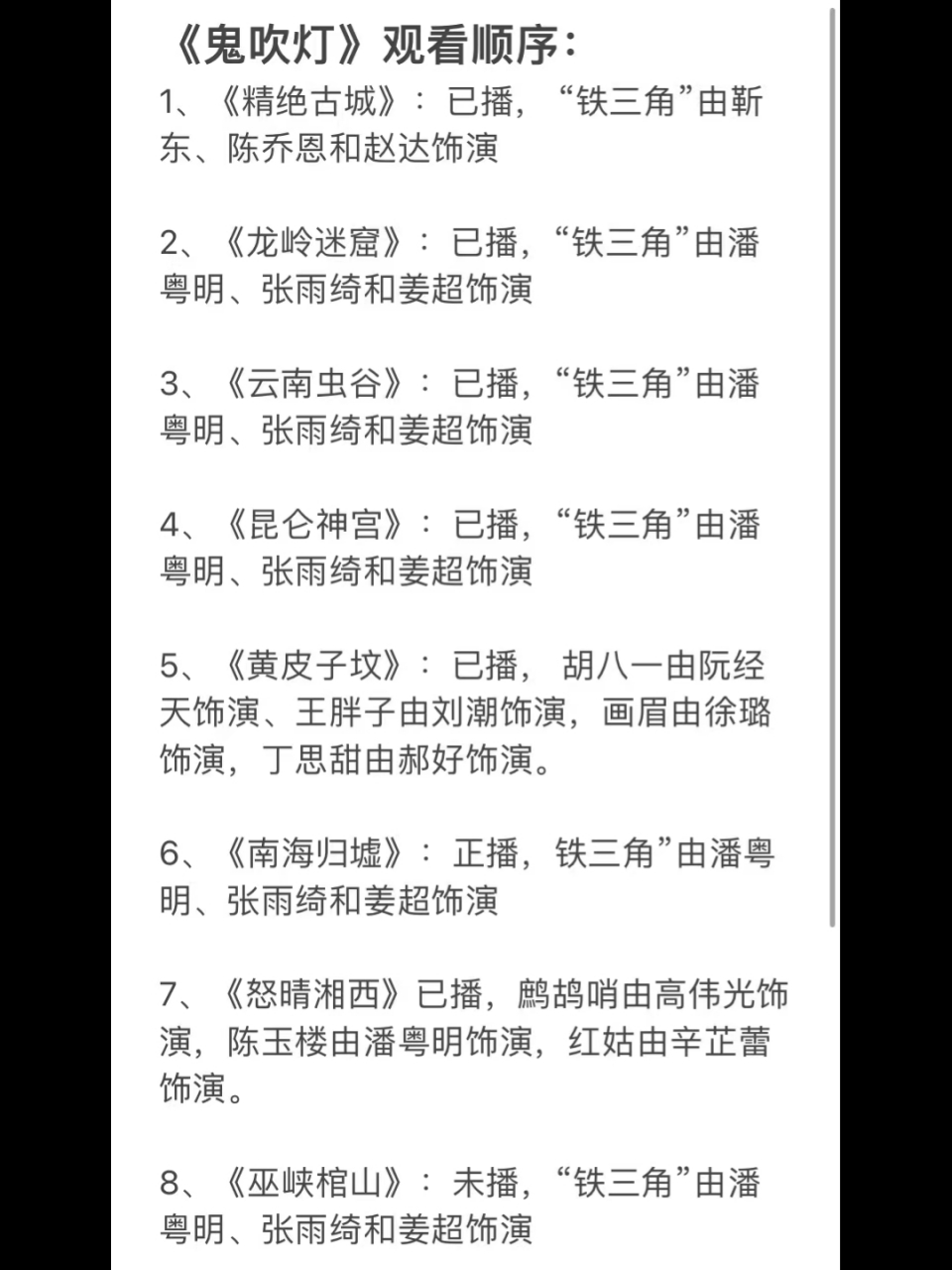 电视剧版《鬼吹灯》观看顺序:  16615《精绝古城》:从《精绝古城