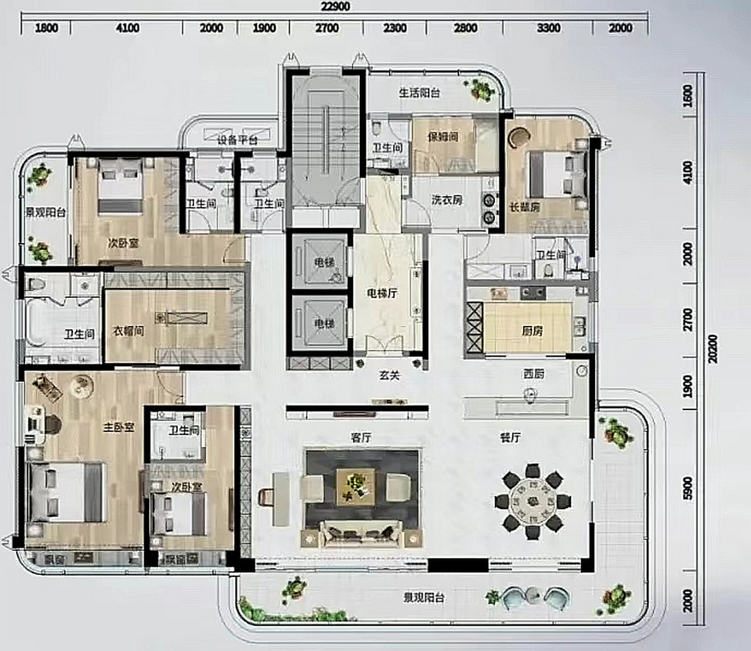 这套建面接近400平的超大平层,一楼一户,整体格局都挺好,很喜欢那转角