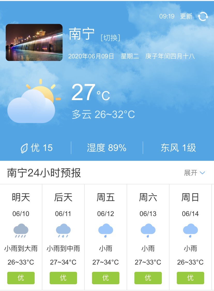 广西南宁6月10日起未来五天天气预报