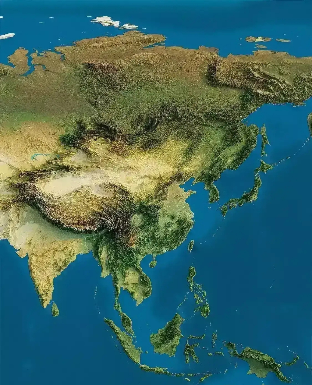 这是东亚地形图,凭地形就能看出,东南临海,东北-西北-西南连线几大