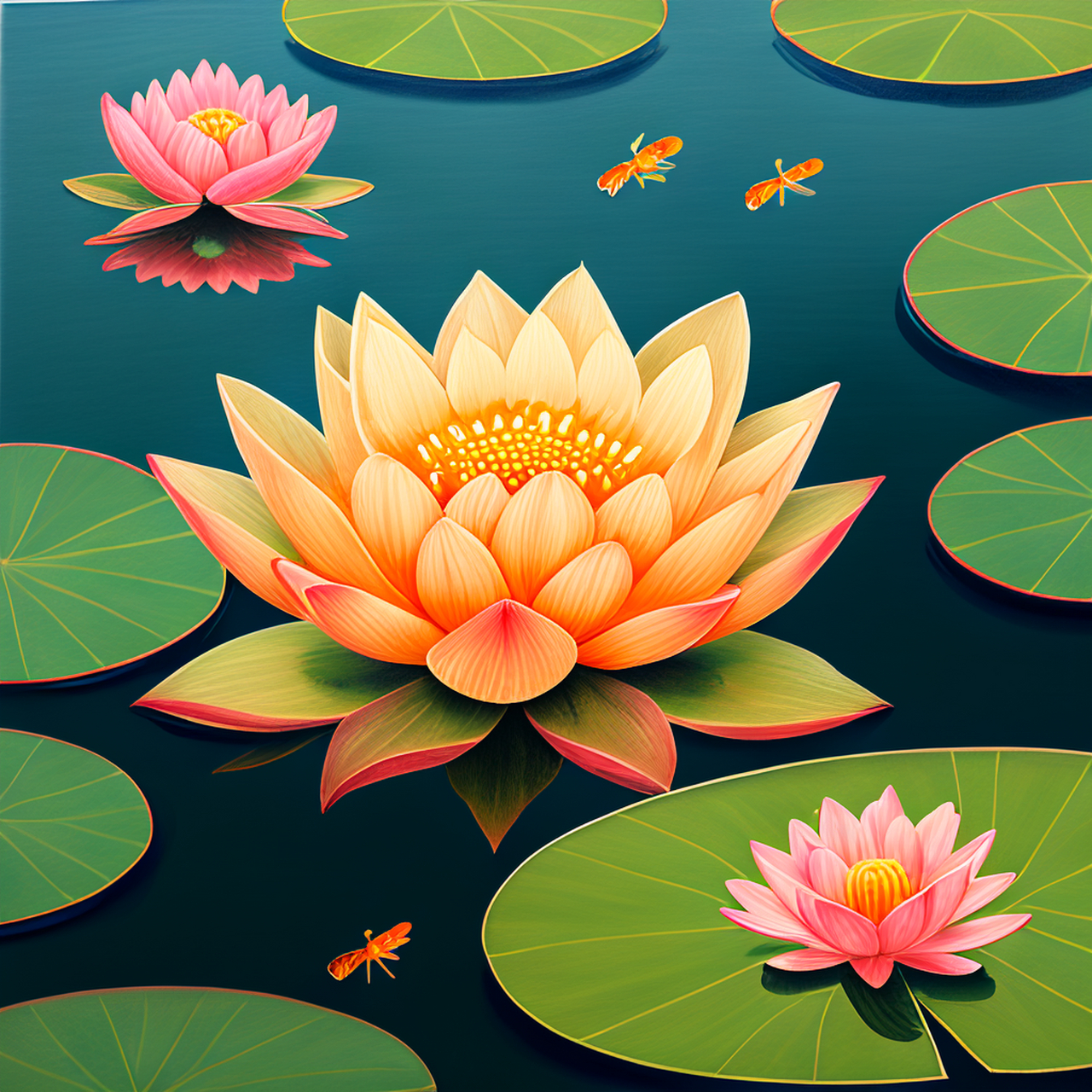 画一个池塘,池塘里有荷花,有金鱼游动,荷花上还停留着一只蜻蜓