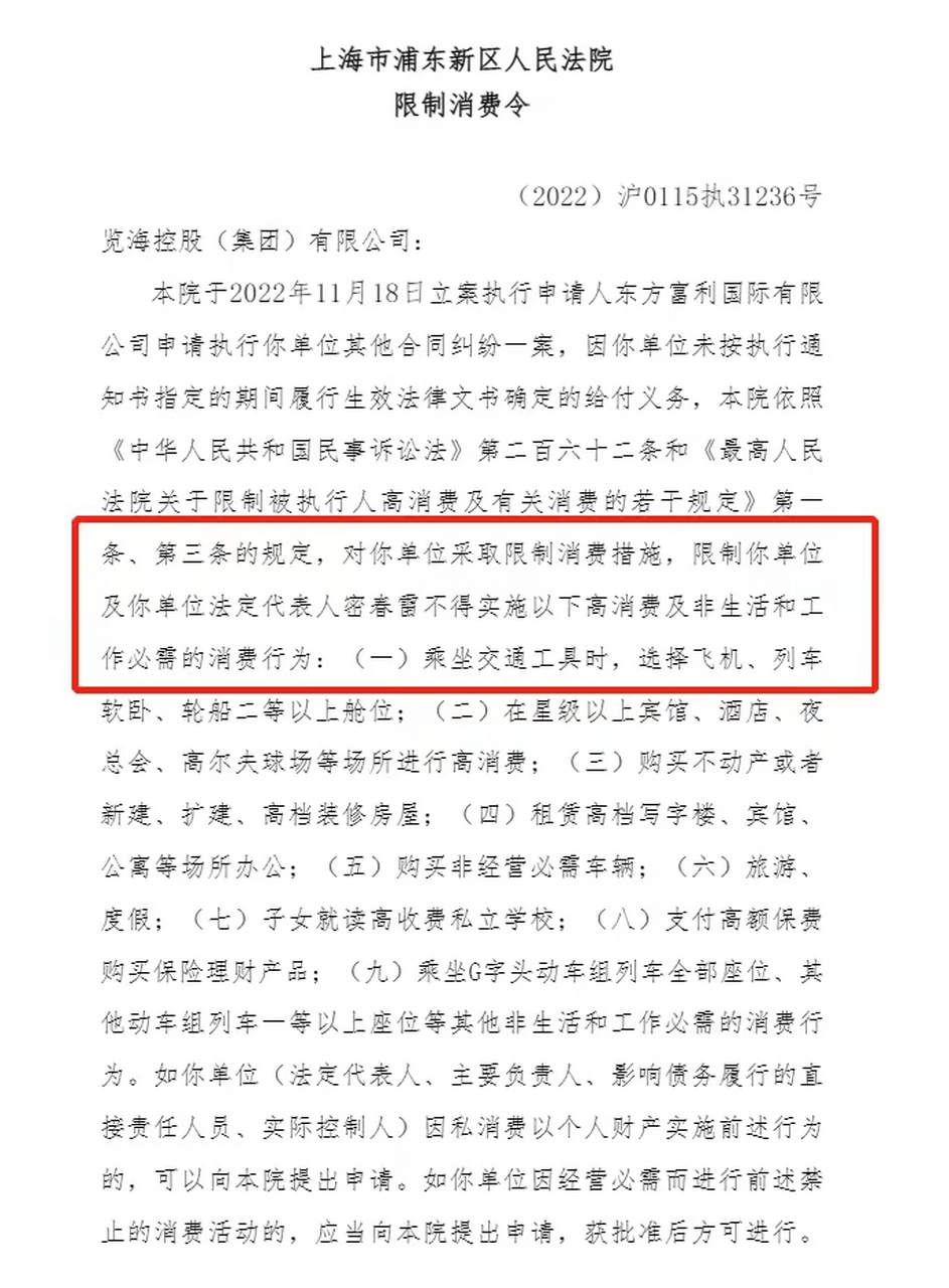 董卿丈夫密春雷被限制高消費!