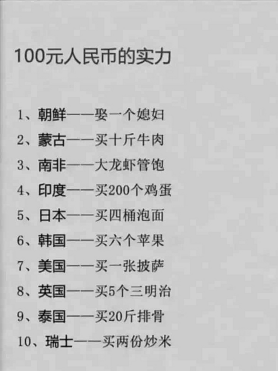 100块人民币的购买力,在朝鲜可以娶媳妇,在蒙古可以买10斤牛肉,在中国