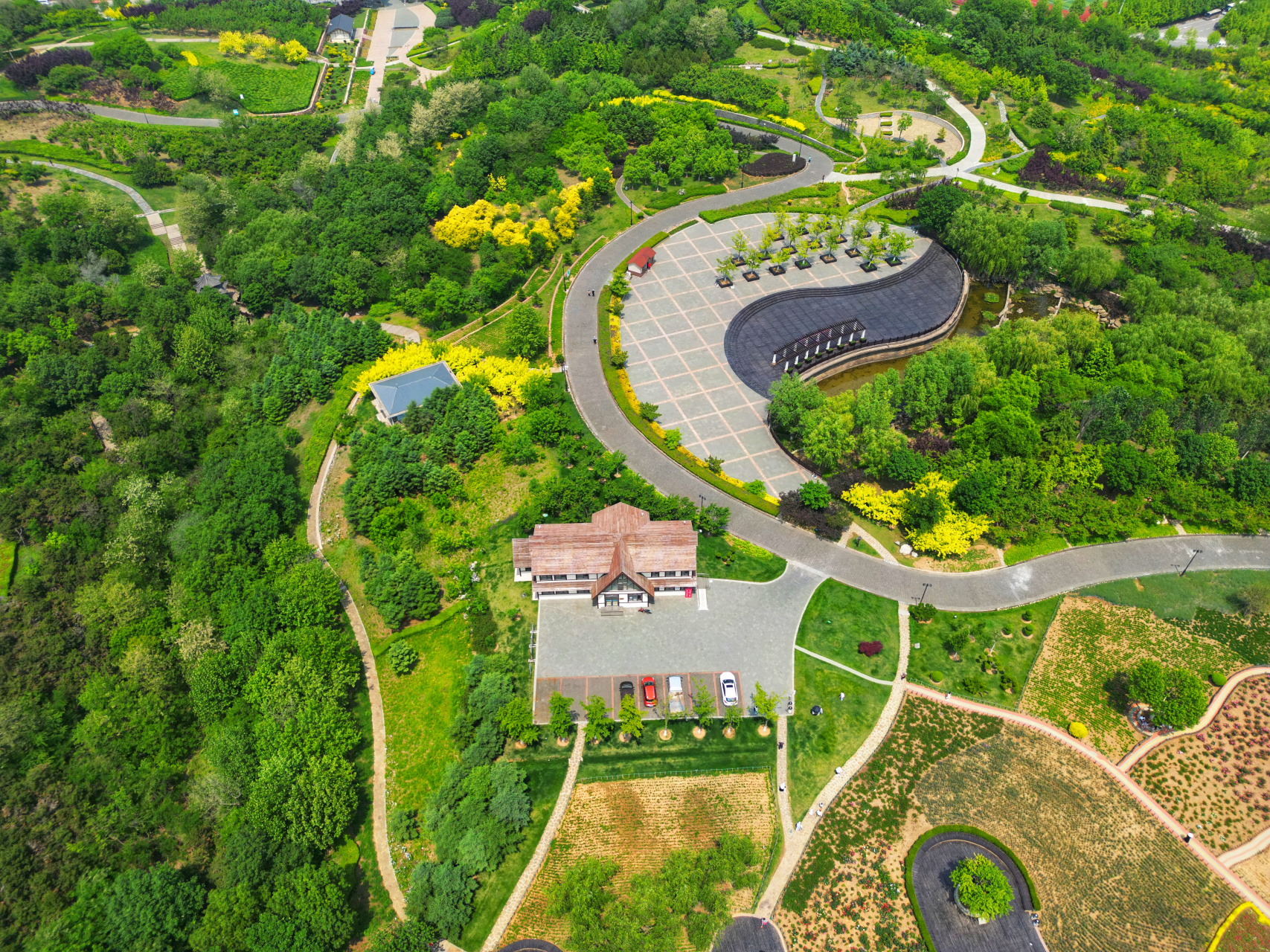 航拍大连董家沟植物园,夏季游玩好去处,可以免费看花的公园,向日葵
