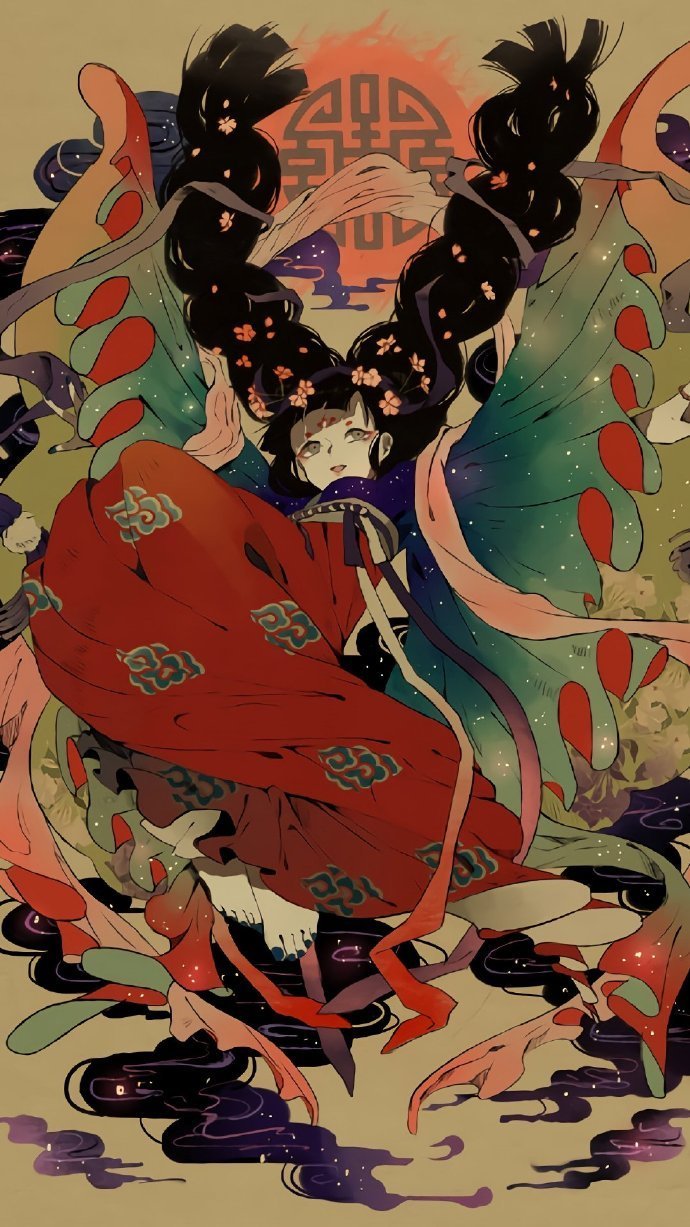 浓重的日式古风插画,人物与场景的巧妙结合,画面奇幻瑰丽