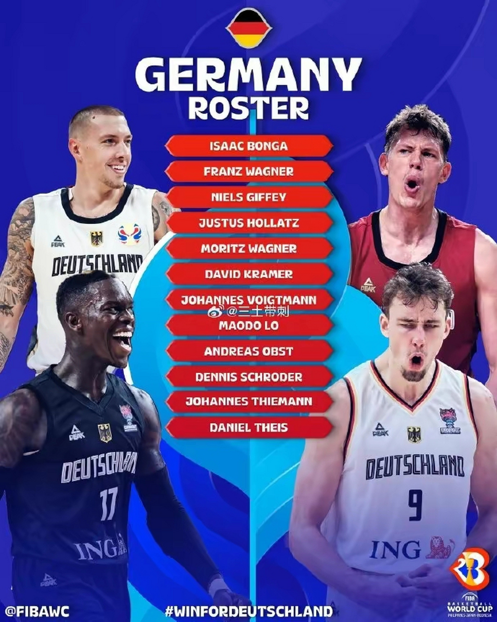 德国男篮世界杯12人大名单:艾萨克-邦加,弗朗茨-瓦格纳,尼尔斯-吉费