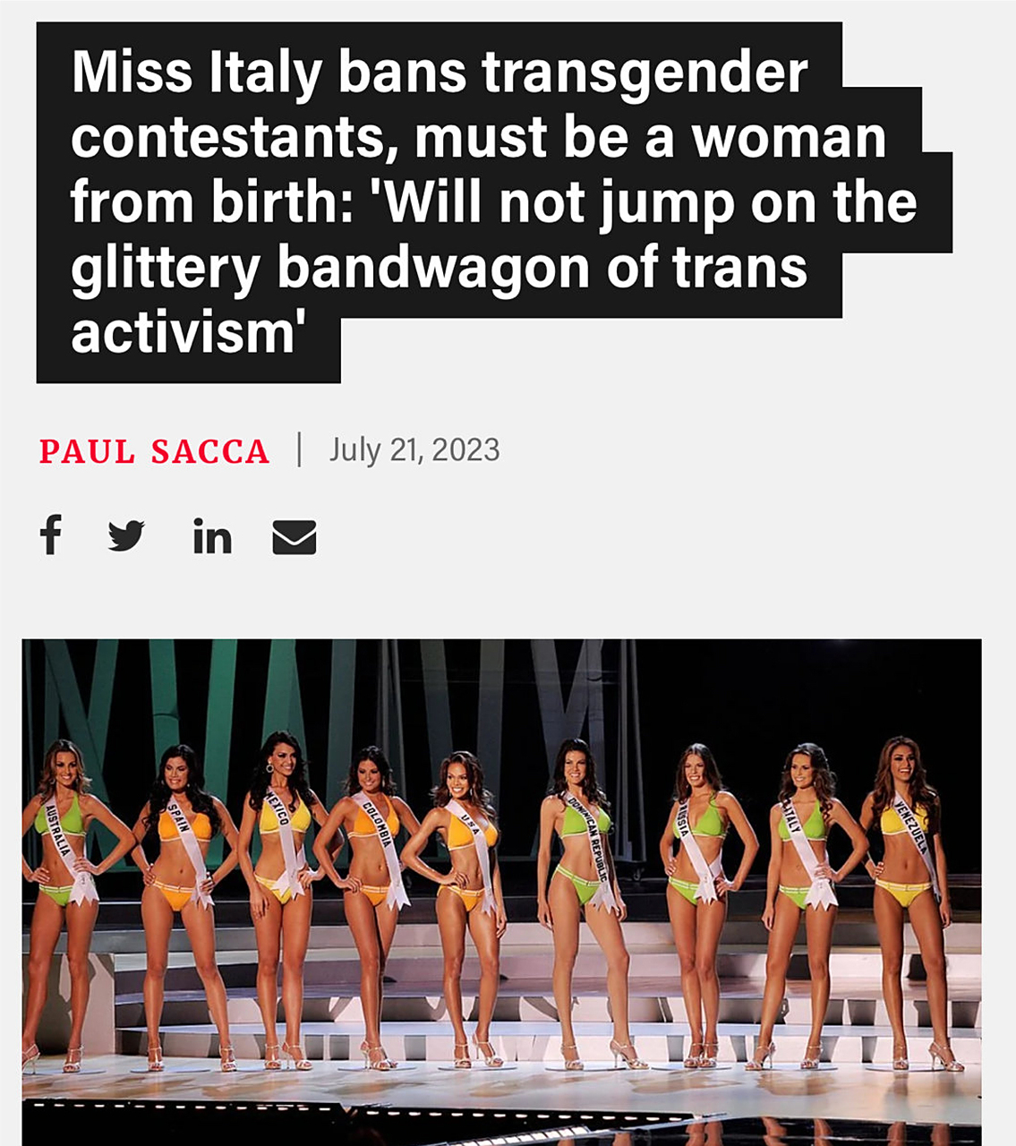 "意大利小姐"选美比赛决定禁止跨性别女性参加,赞助商宣布只有从出生