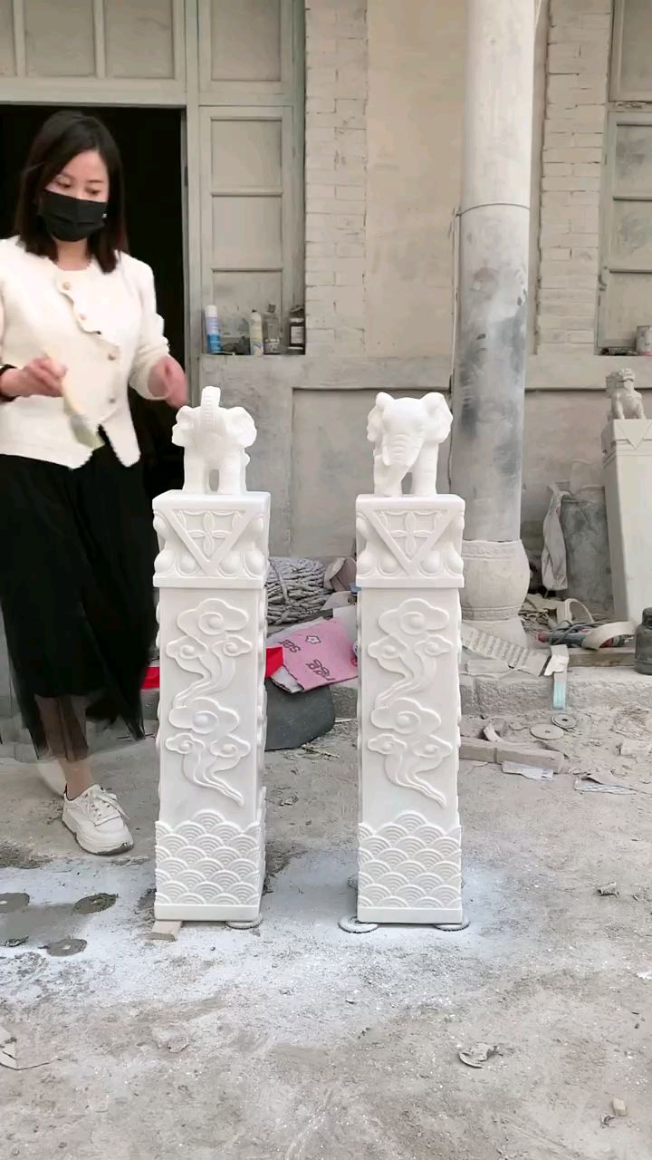 汉白玉石雕大象拴马桩庭院别墅家用石柱子摆件