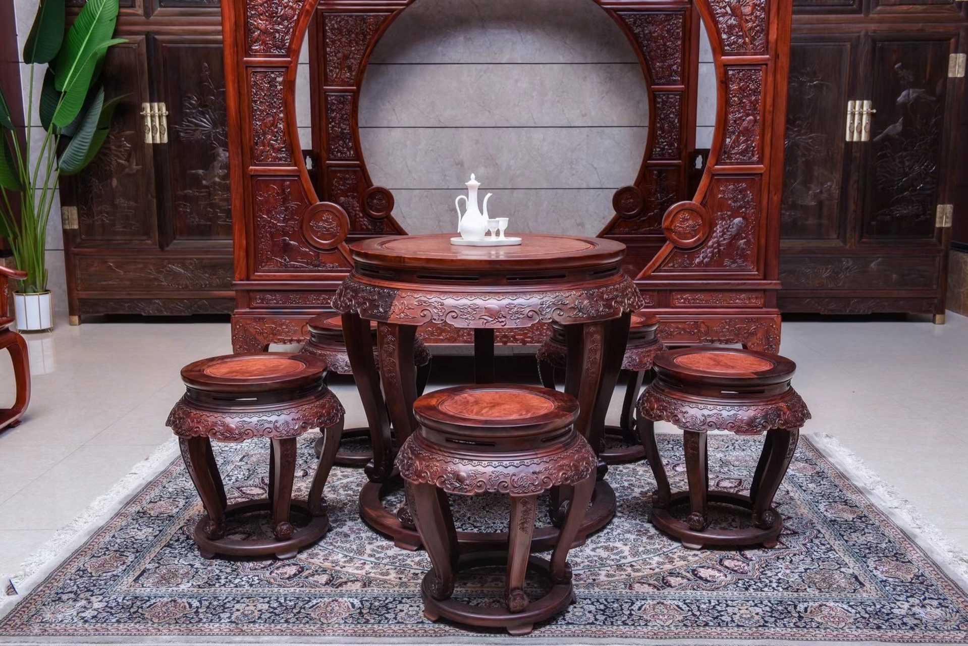 『品名』圆鼓桌六件套  『材质』交趾黄檀 缅花瘿木瘤  『尺寸』78*78