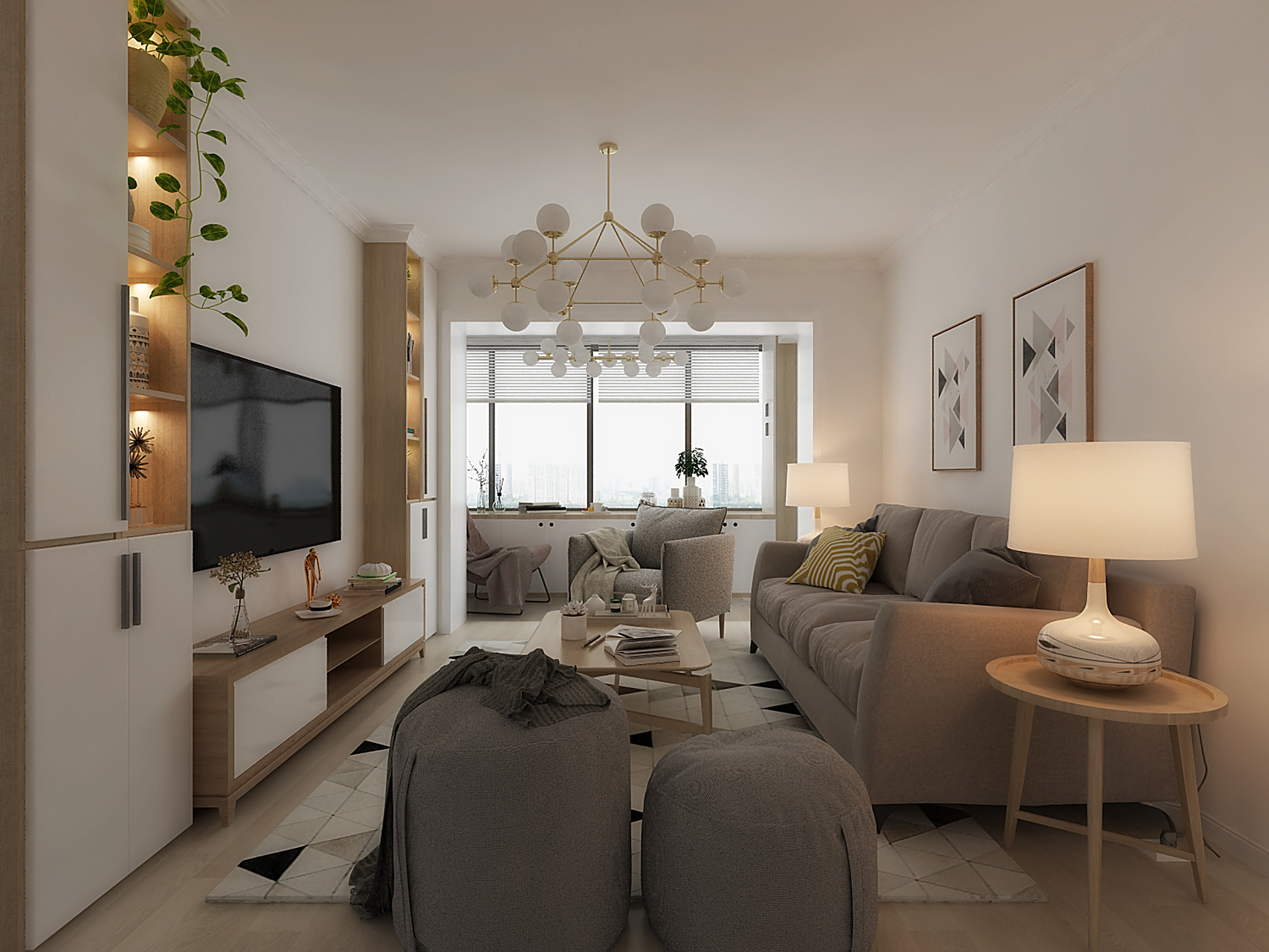 100平现代风装修全屋简洁质感,水泥质感的电视背景墙纯粹而简单 #装修