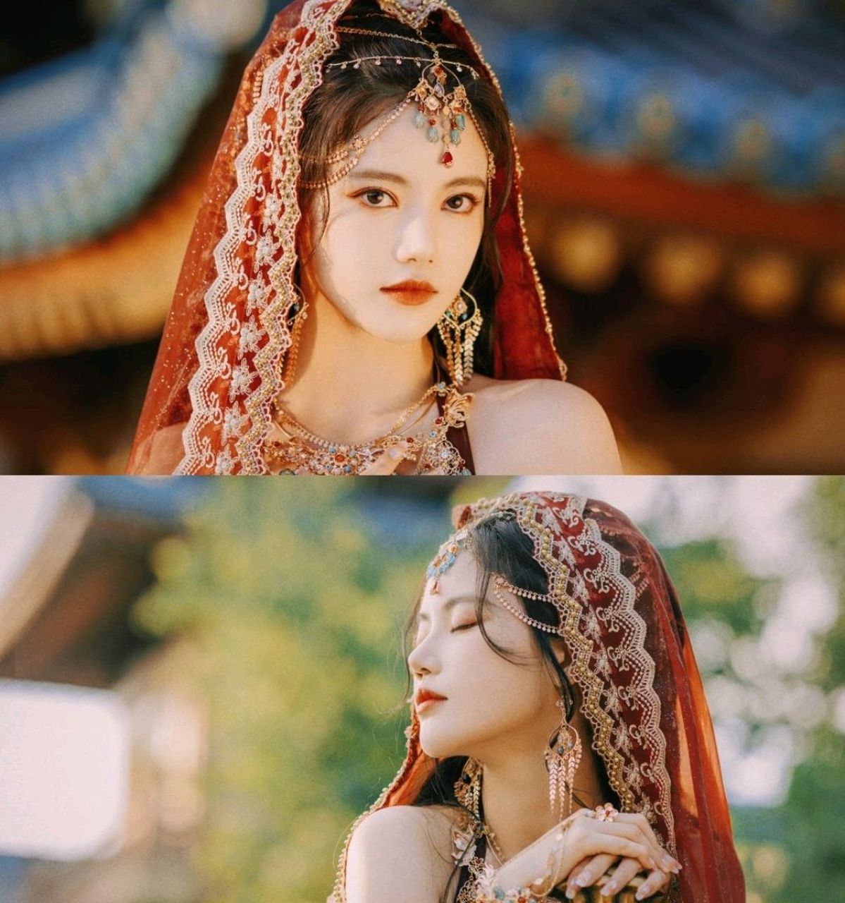 孙珍妮身穿红色古装,一身异域风情,不管是头纱还是长裙都是那么飘逸