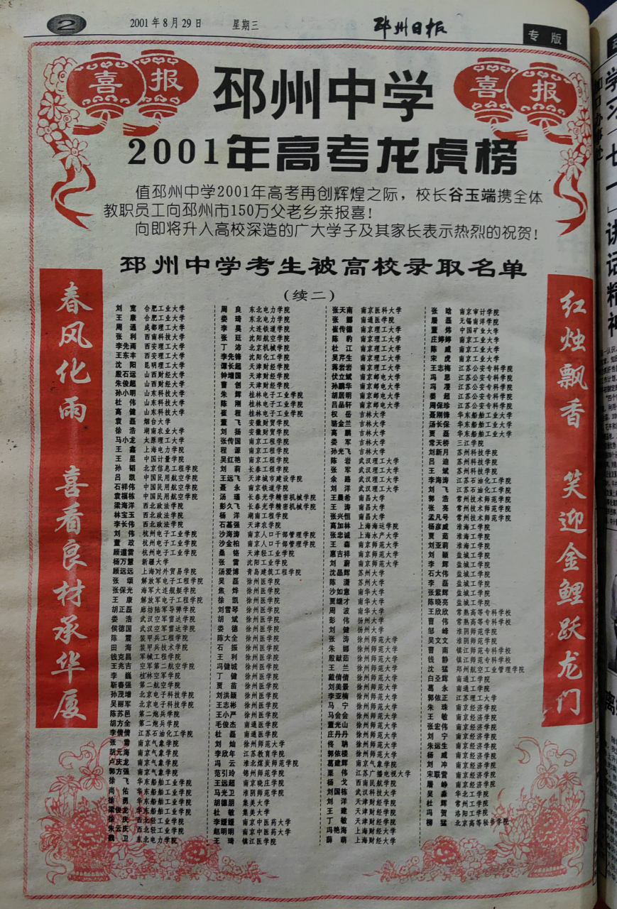 2001年邳州中学(今运河中学)高考录取名单