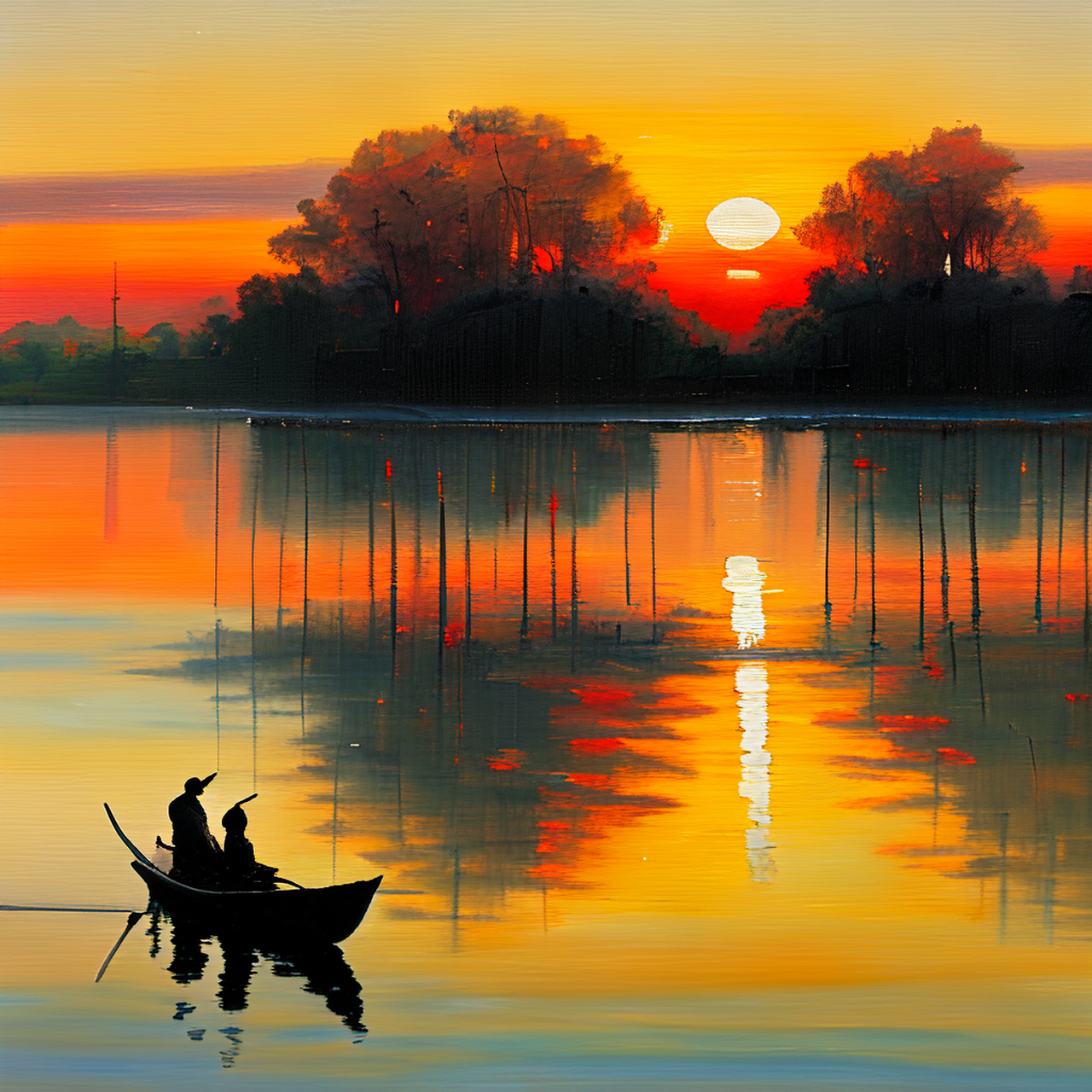 落日下的湖面,渔人划船,现代风油画