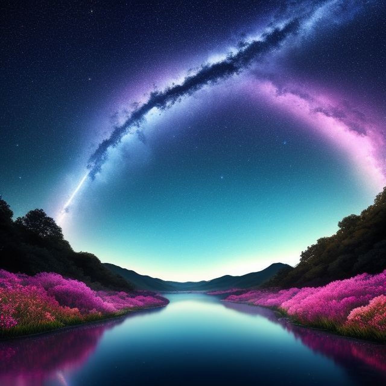 唯美风景:星空下的夜景,彩色花海,灿烂银河 夜幕渐渐降临,一片宁静