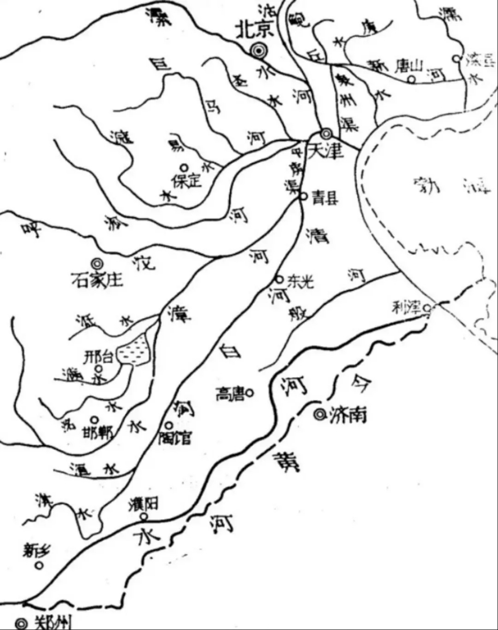 京津冀地区河流分布图,大部分河流经过天津汇入渤海
