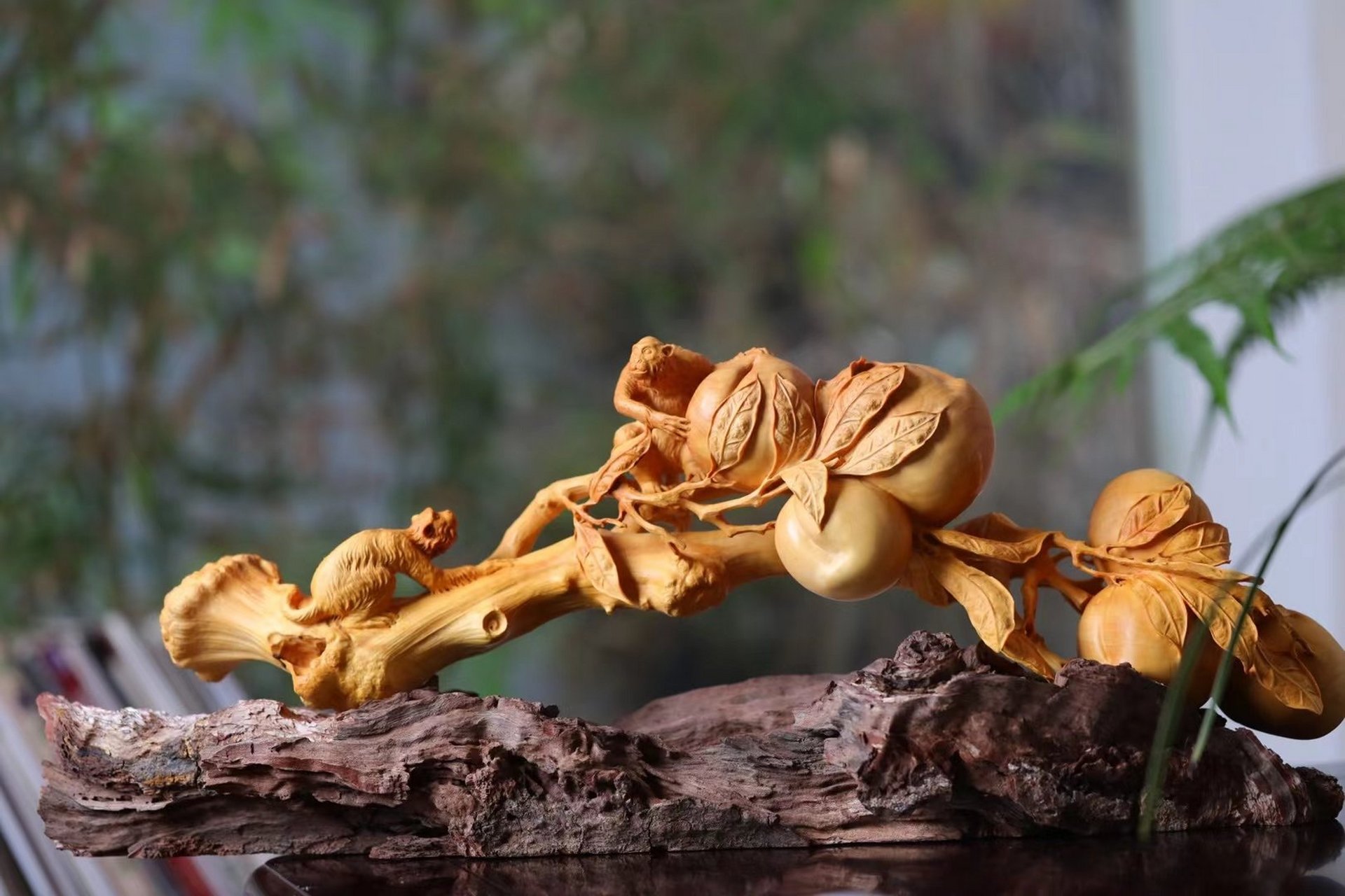 小叶黄杨|灵猴献寿  小叶黄杨木雕,整料一体,细节处理到位,名师全手工