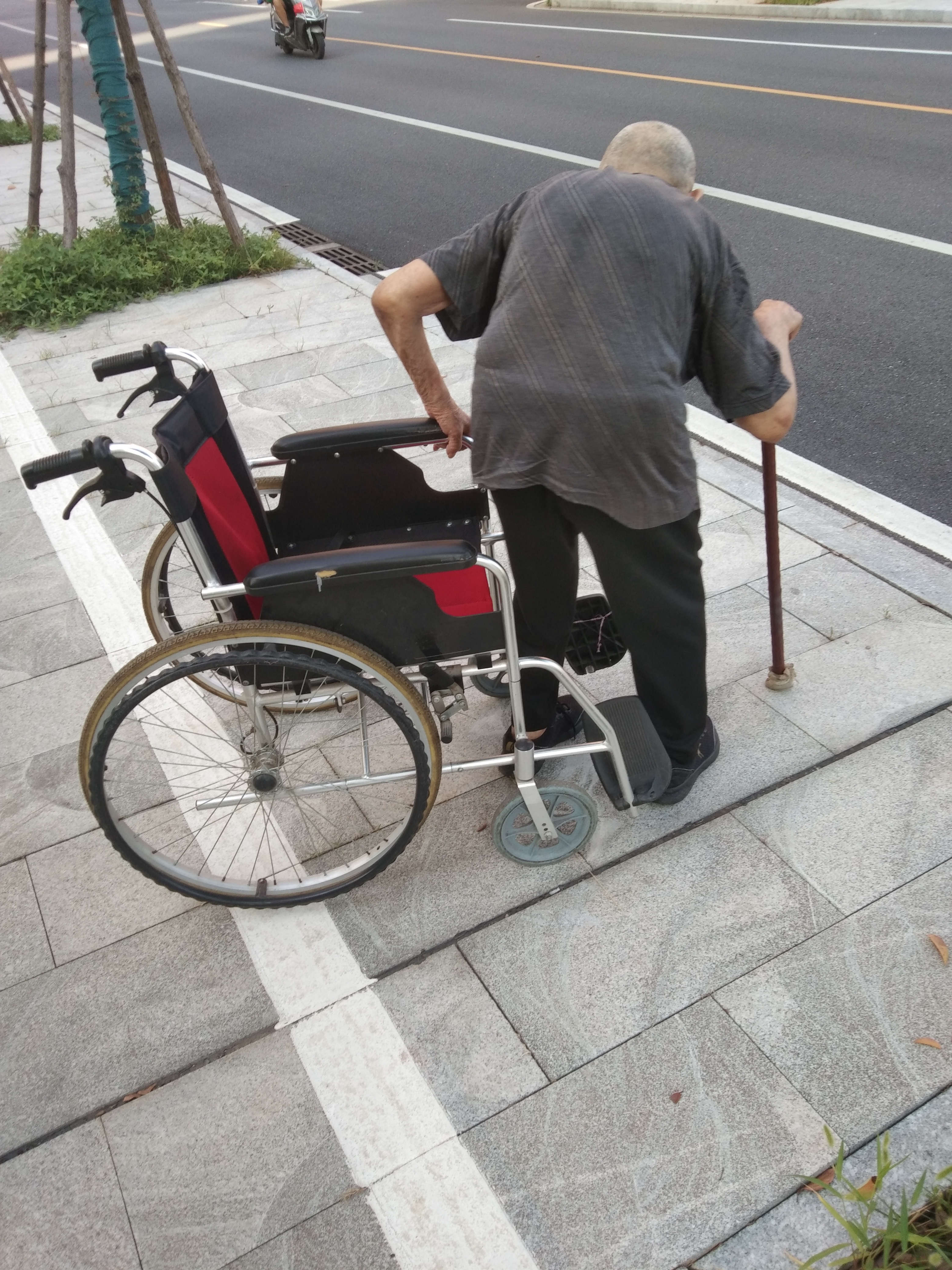 夏日日出去散步 手推轮椅走四方