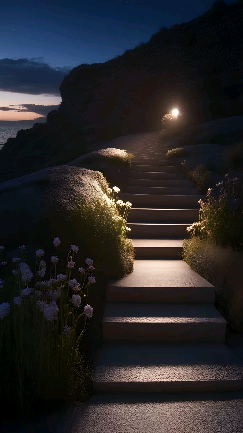 在夜晚,悬崖上的台阶小路,野花开放.这人间仙境治愈了我的心情