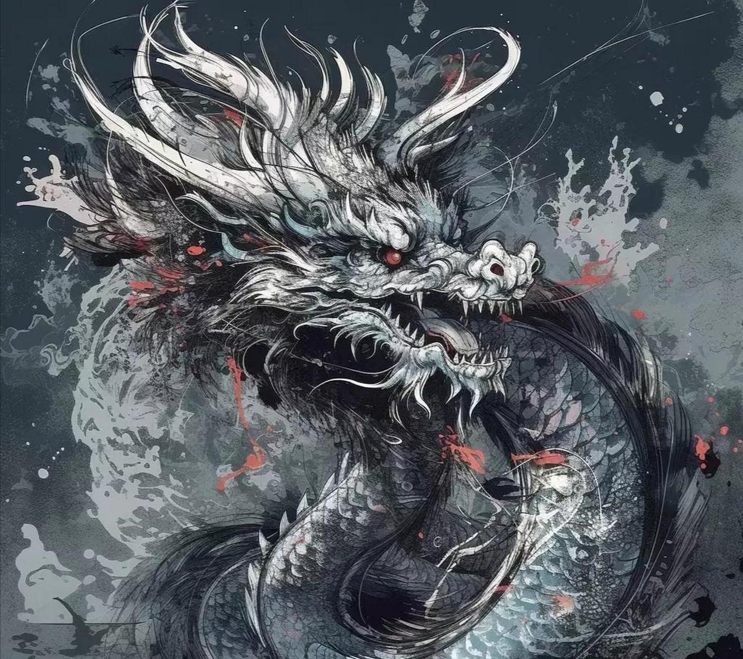 一组水墨风格的神龙插画,威武霸气,by 忆心relax.