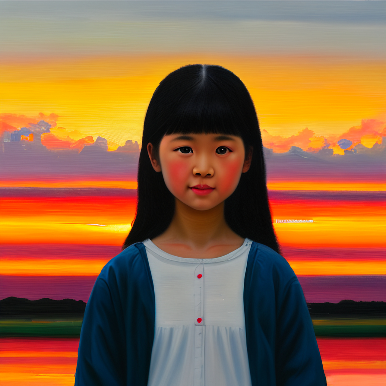 夕阳落日下一个15岁的小女孩,现代风油画