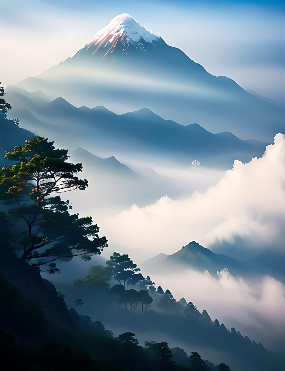 那些笼罩在山头的云雾,就像是戴在山顶上的白色绒帽;那些缠绕在半山的