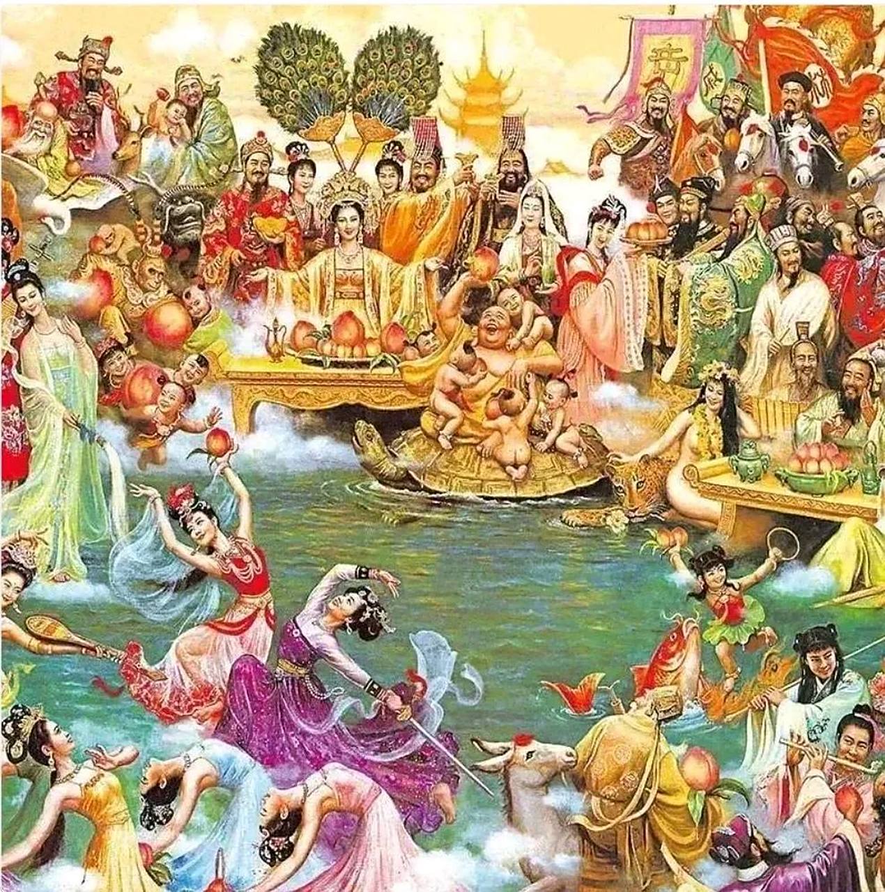 这是一幅天庭聚餐时的情景,居然邀请了弼马温参加,这应该是天庭蟠桃宴