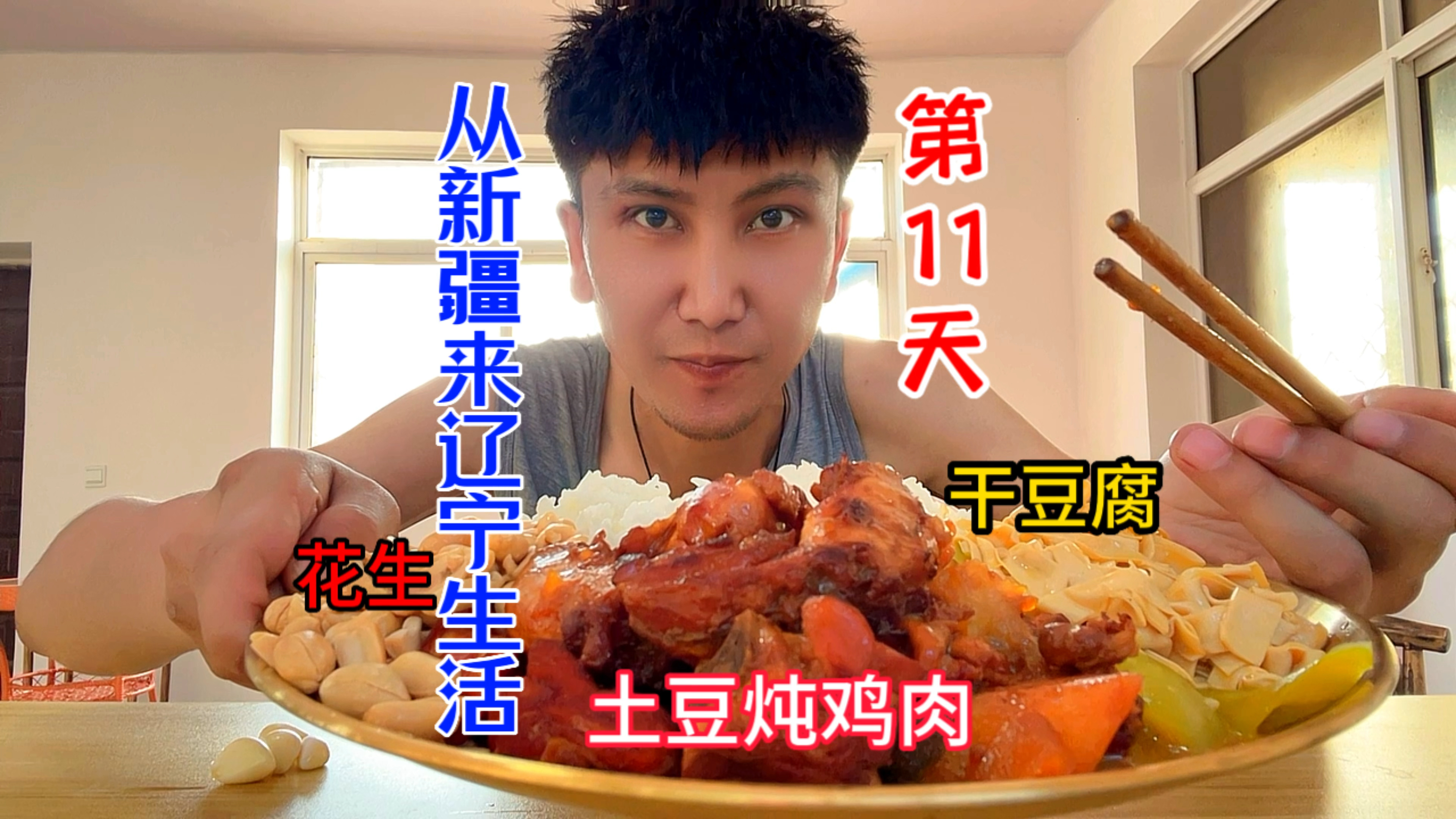 新疆小伙来辽宁生活第11天,吃个土豆炖鸡肉加干豆腐拌米饭!