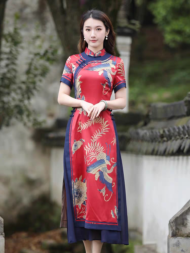 旗袍# 越南奥黛长款旗袍,女夏季短袖改良版连衣裙,红色中国风优雅