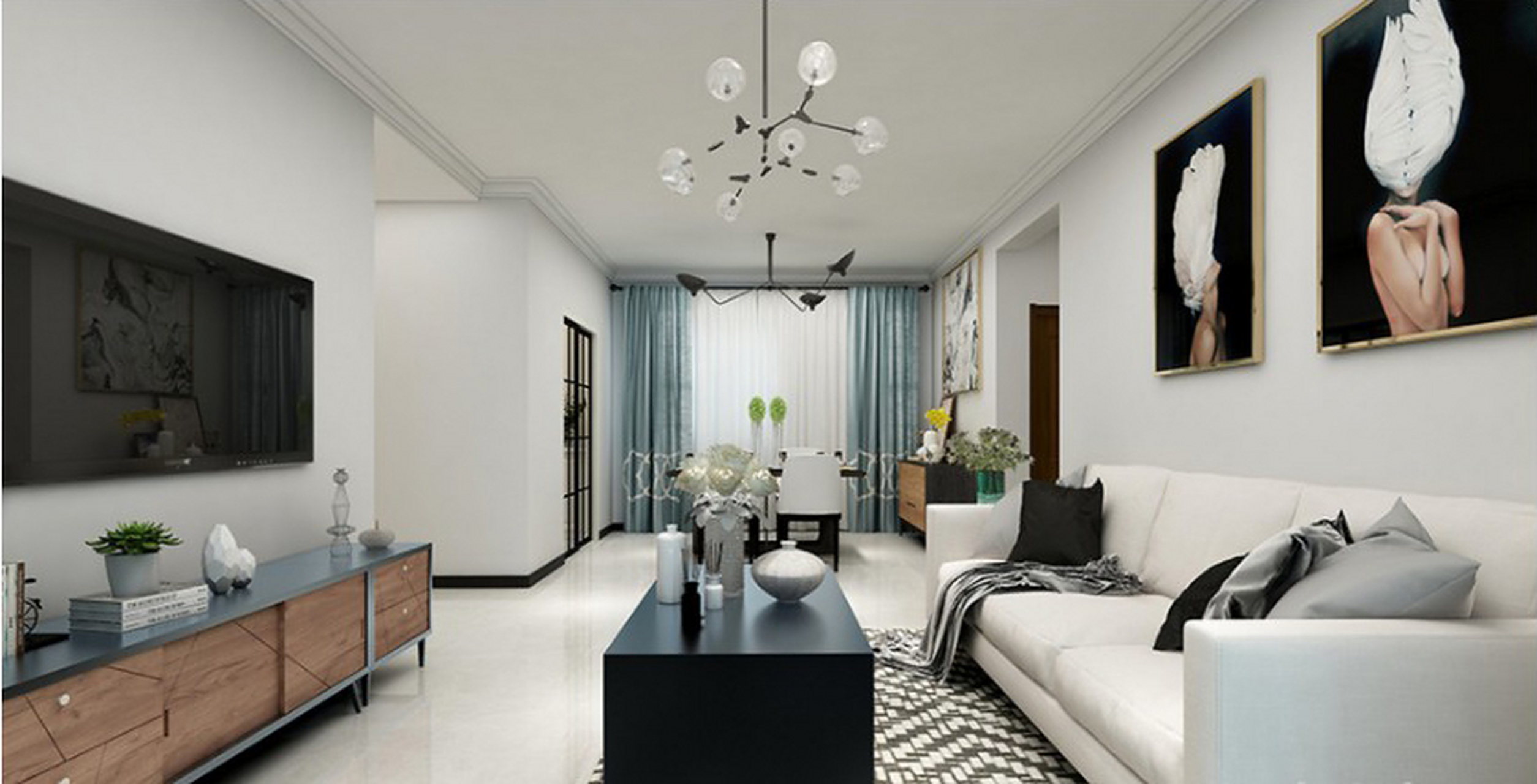 94平现代风客厅与餐厅遥相辉映,地板与电视背景墙一致和谐美观  现在