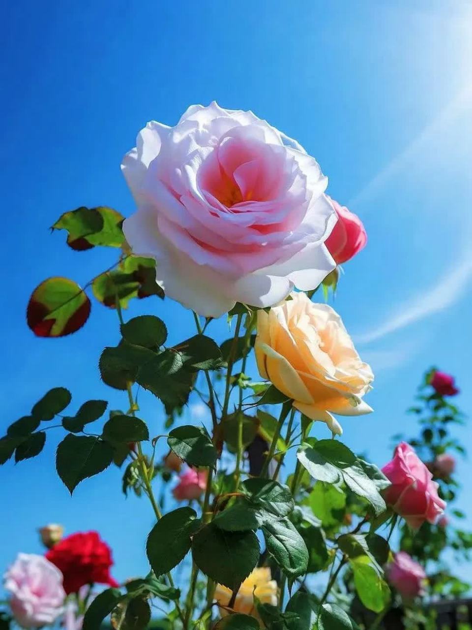 盛夏风景# 以蓝天作背景,院中花美出新高度,人生也是如此,看你以何为