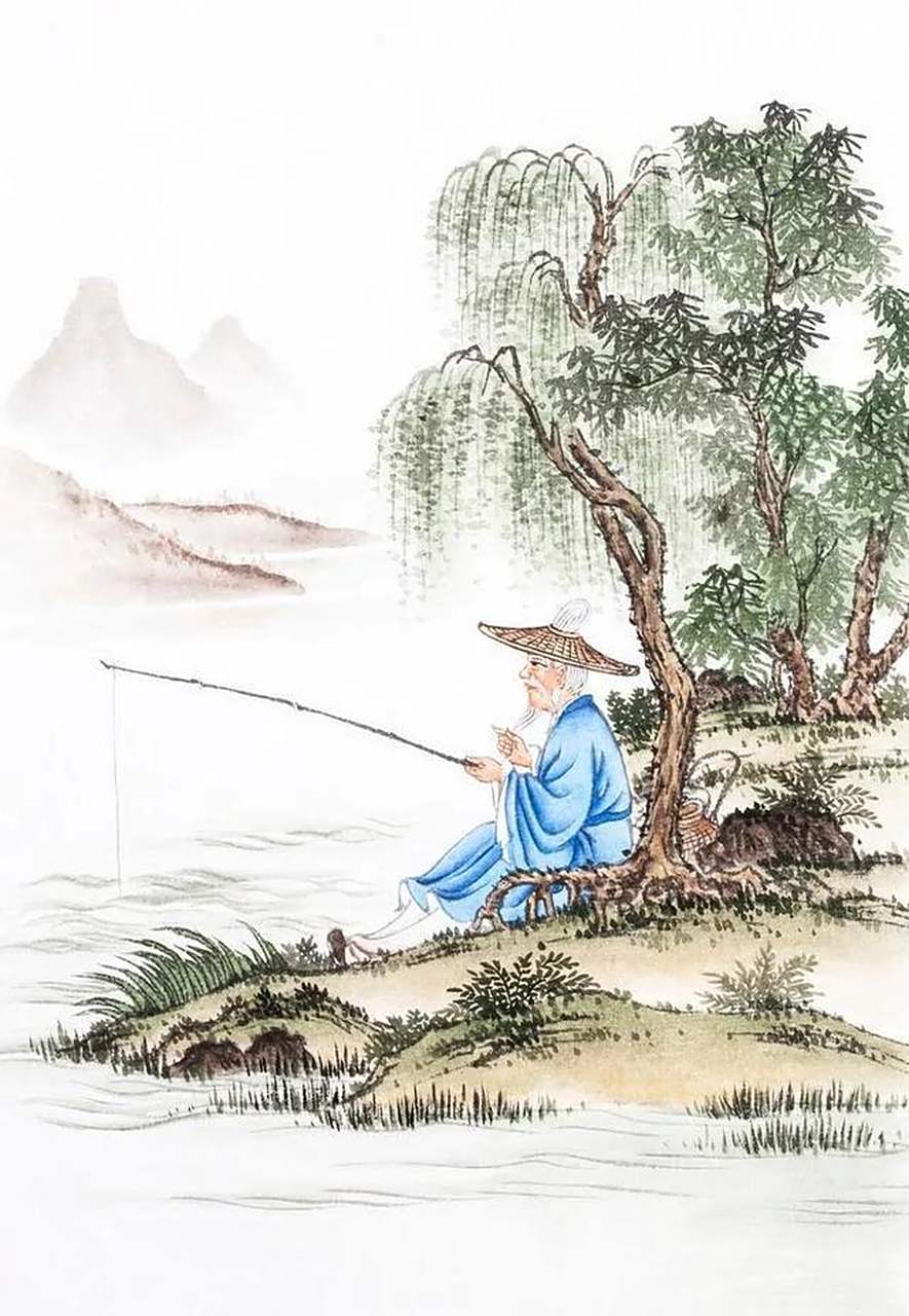 渔翁坐在岸上钓鱼,已经有一整天了,可是鱼儿就是不上钩.