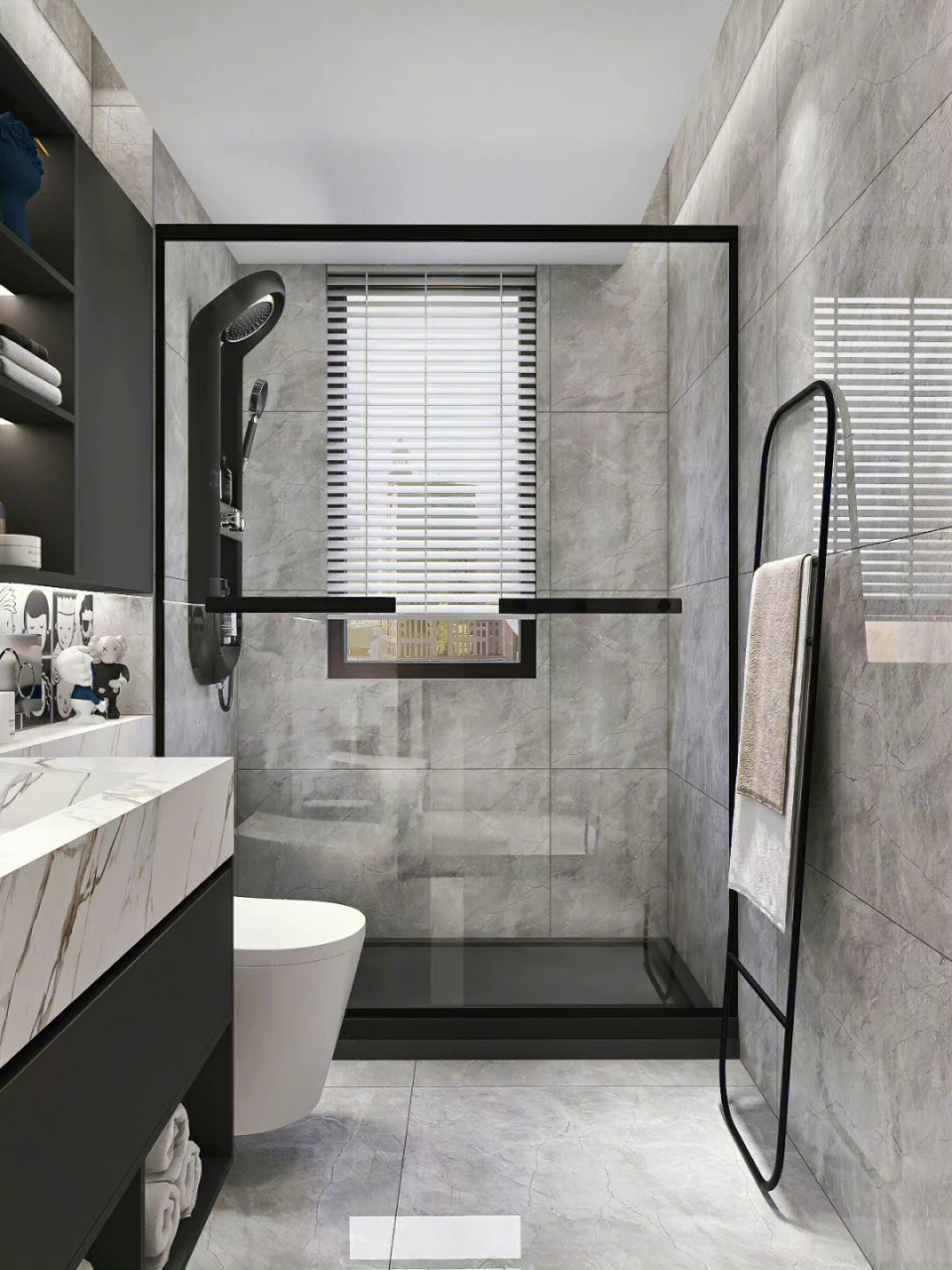 4平米的黑白灰现代卫生间设计!
