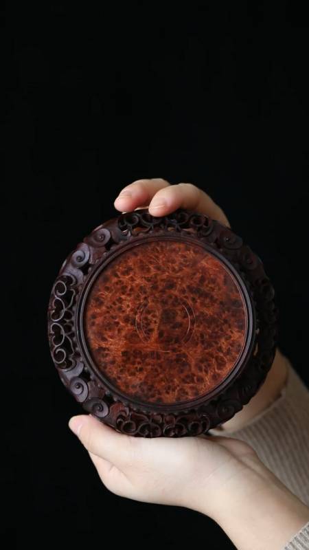 小叶紫檀镶瘿木底座二膘料清刀工艺透雕祥云面镶瘿木经典复刻