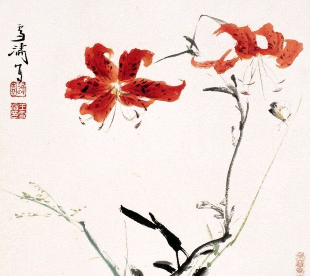 王雪涛国画作品:萱草,鹌鹑,翠鸟,芙蓉