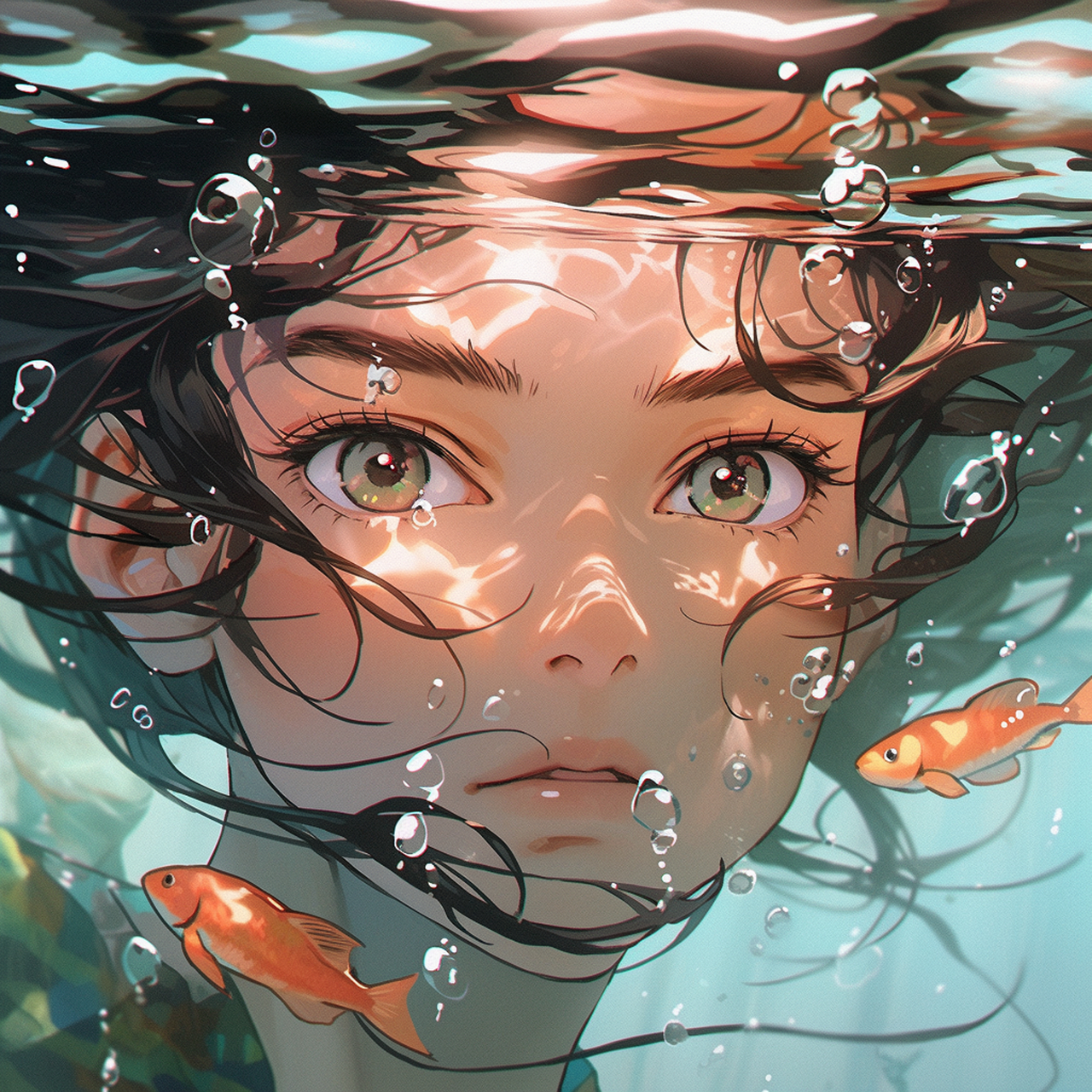 ai绘画|水下女生 气泡,光线,小鱼,飘动,每一张都可以作为壁纸～#ai