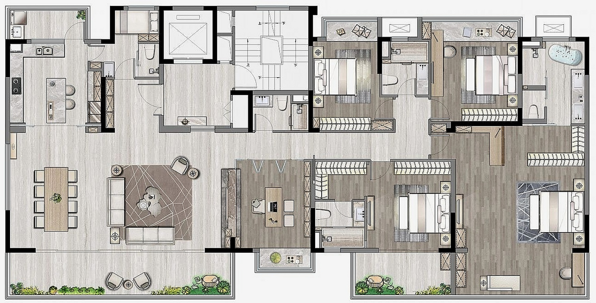 98这是一套面积300平方米,5房2厅格局的大平层