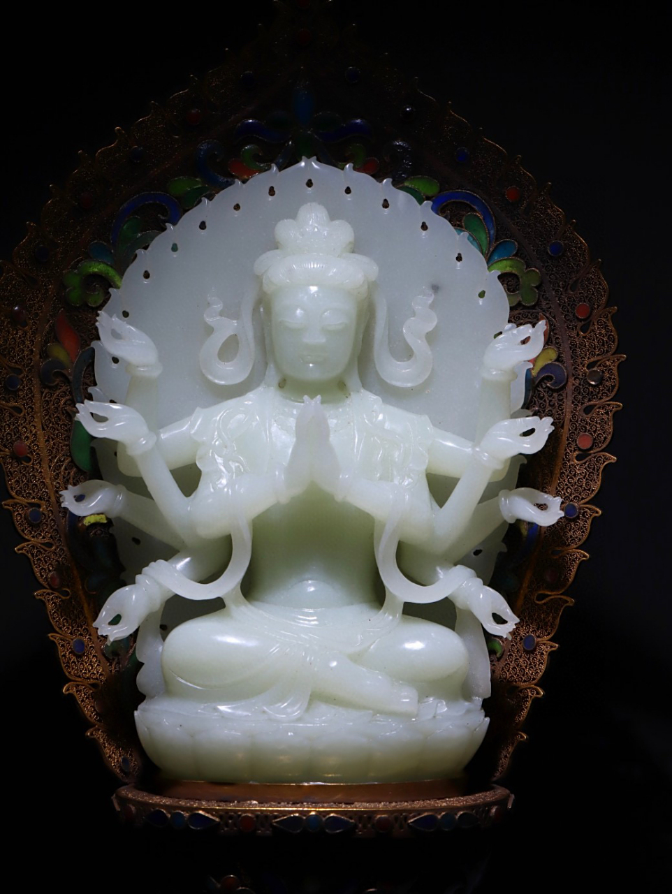 清 和田玉银鎏金底座白玉千手观音, 底座高29.5厘米.白玉高17厘米.